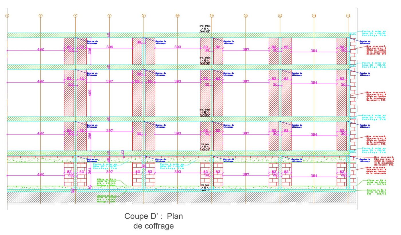 Coupe D', vue de la façade et plan de coffrage